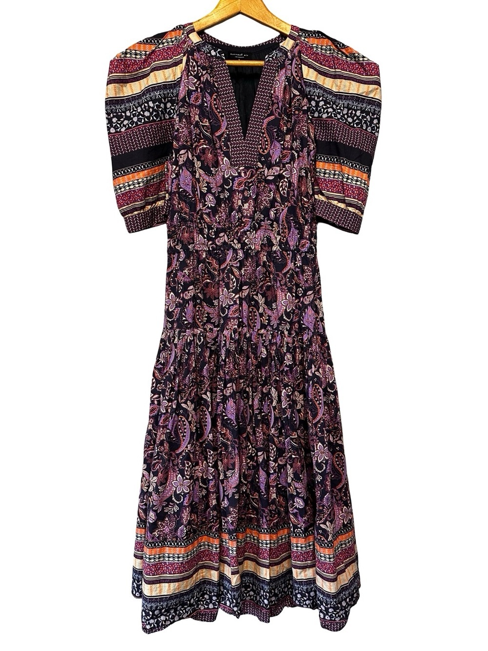 Current Air Paisley Puff Sleeve Midi Dress SZ  Small Purple Floral Cottagecore